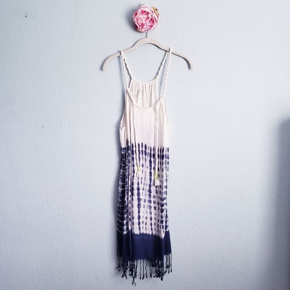 Seafolly Blue and White Tie Dye Fringe Swim Coverup